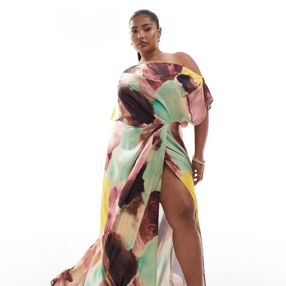 ASOS Curve US 26 Multi Color Satun Floor Length Dress
